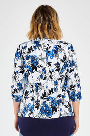 Model Jess wearing size 14 of The Everyday Printed Blazer in colour Bluefloral (Blue), from the back