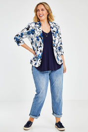 Model Jess wearing size 14 of The Everyday Printed Blazer in colour Bluefloral (Blue), from the front, showing the whole outfit