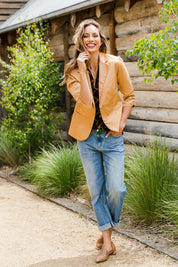 Model Amanda wearing size 10 of The Everyday Blazer in colour Camel, from the front, showing the whole outfit