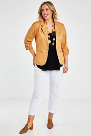 Model Jess wearing size 14 of The Everyday Blazer in colour Camel, from the front, showing the whole outfit