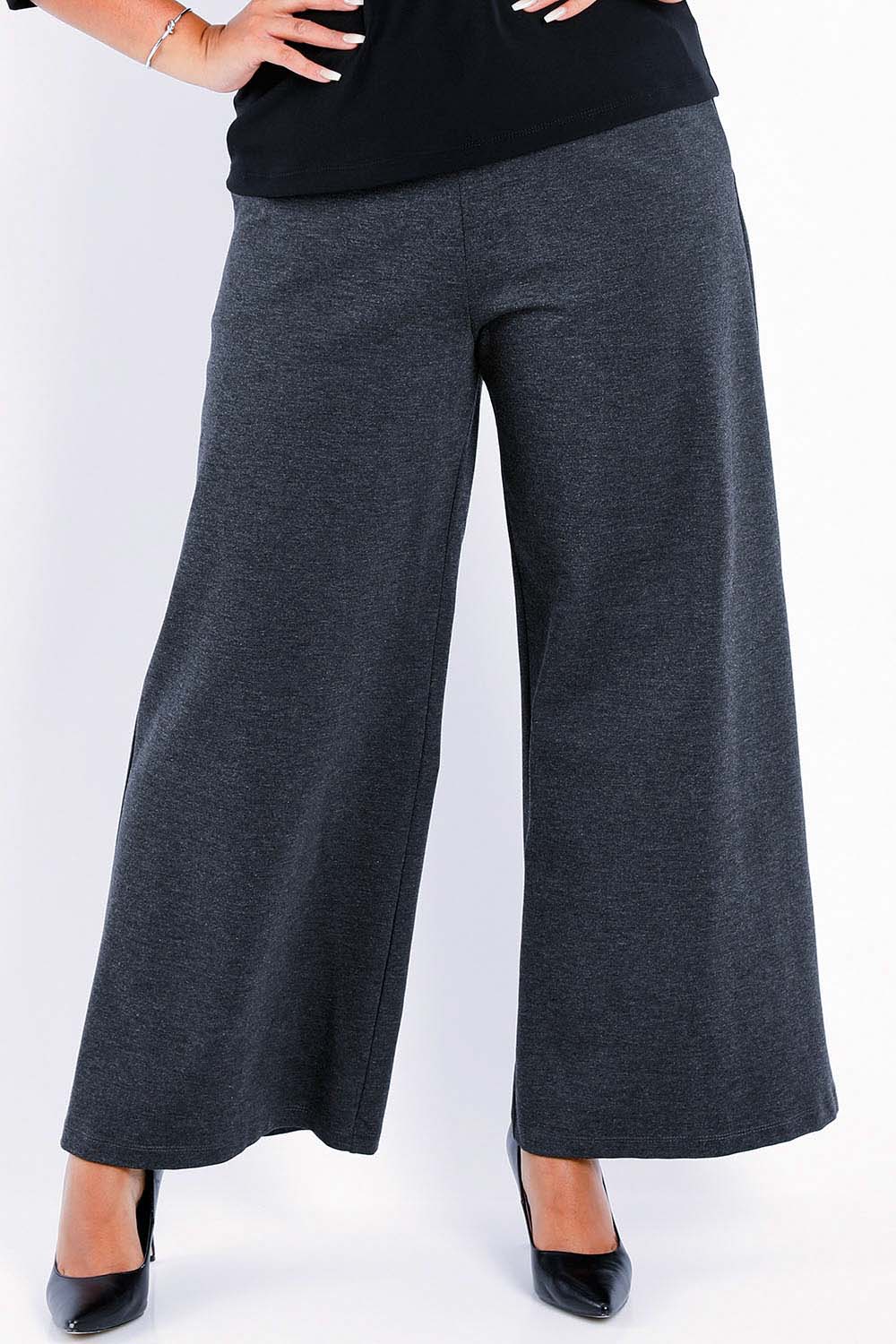 Model Sasha-Lee wearing size 16 of The Wide Leg Ponte Pant in colour Darkmarle (Grey), from the front, cropped image