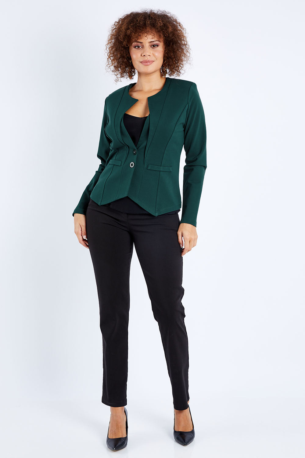 Model Lala wearing size 10 of The Define Ponte Jacket in colour Darkgreen (Green), from the front, showing the whole outfit
