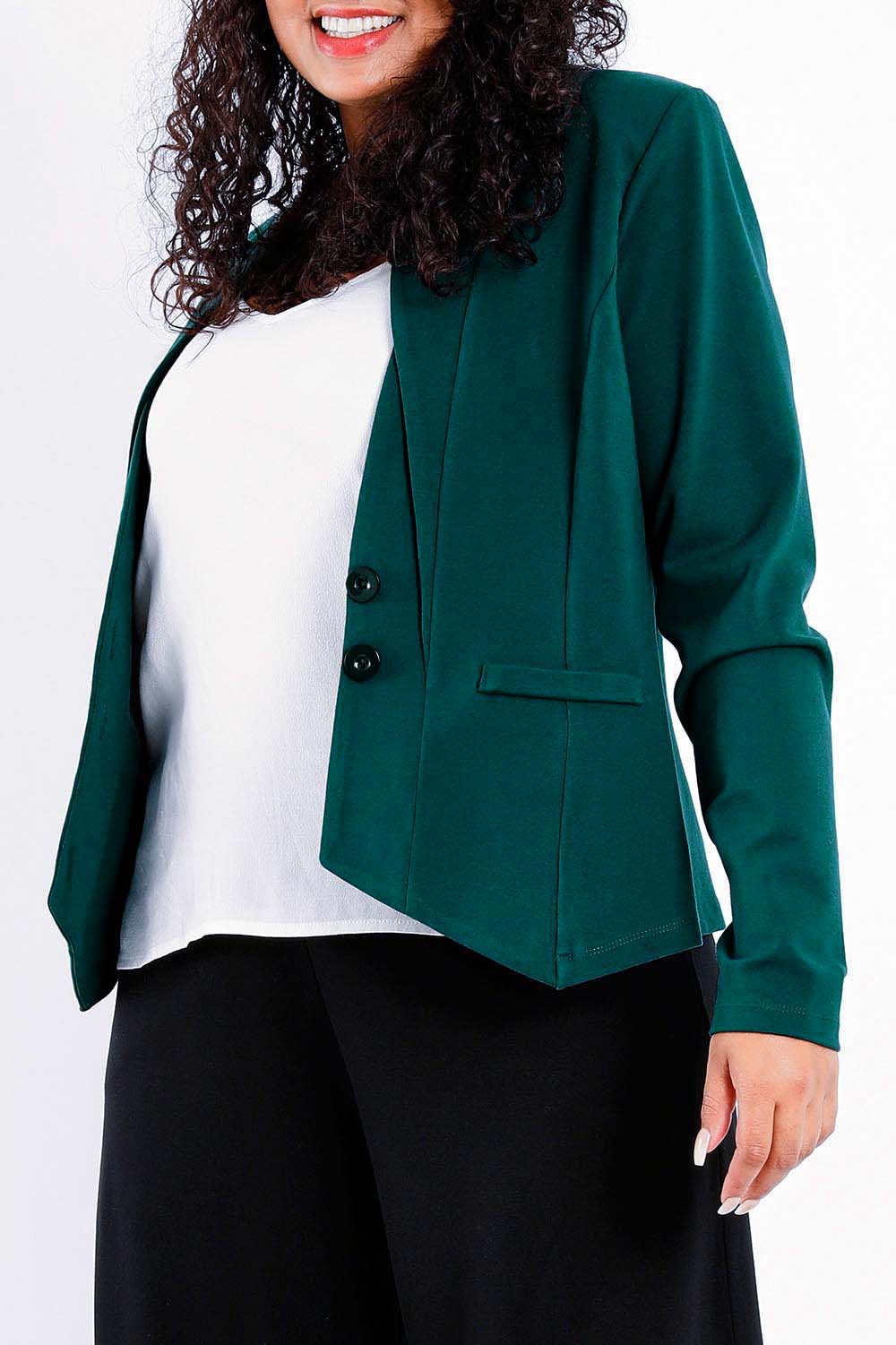 Model Sasha-Lee wearing size 16 of The Define Ponte Jacket in colour Darkgreen (Green), from the front, cropped image