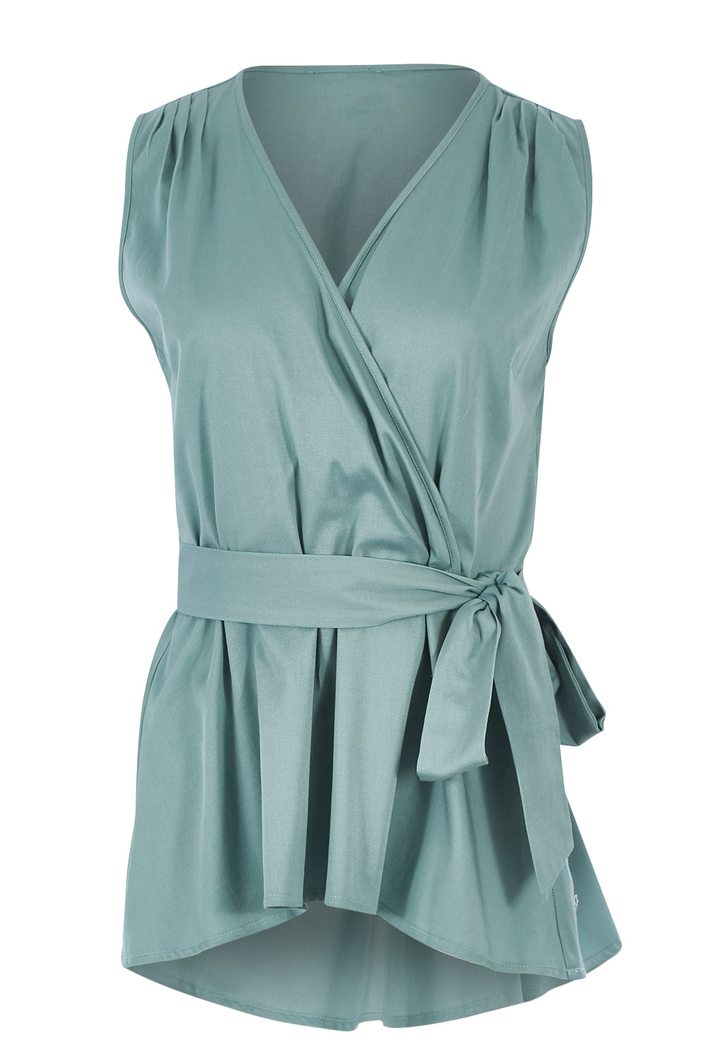 Product shot of The Sleeveless Cotton Wrap Top in colour Sage (Green), from the front