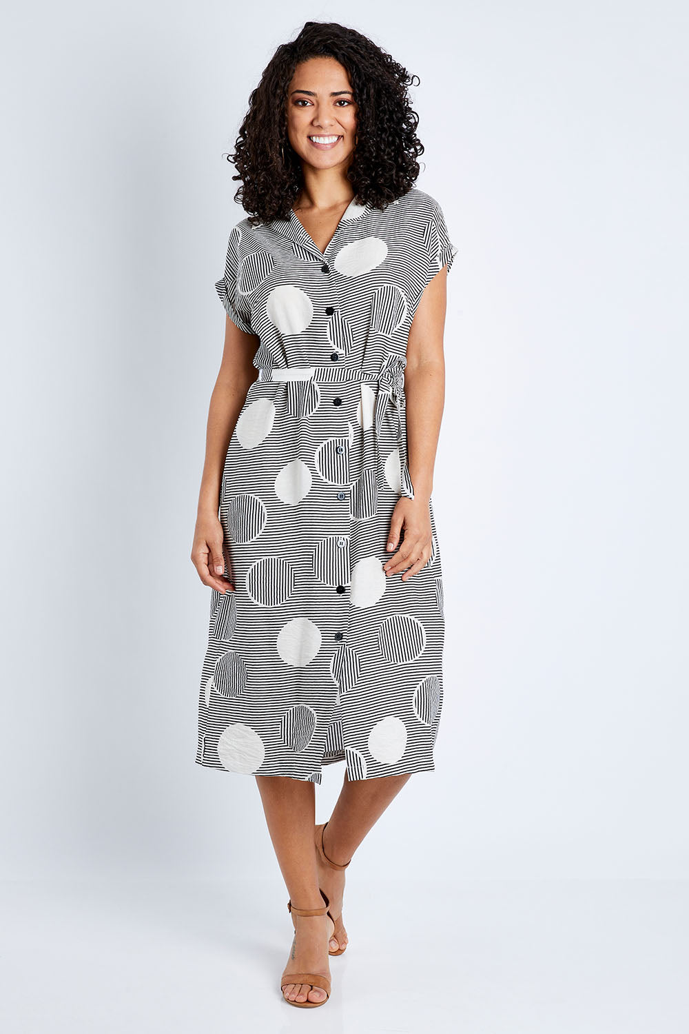 Model Pamela wearing size 10 of The Cotton Blend Button Front Dress in colour Spotstripe (Black), from the front, showing the whole outfit