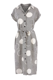 Product shot of The Cotton Blend Button Front Dress in colour Spotstripe (Black), from the front