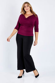 Model Fiona wearing size 16 of The Wide Waistband Basic Pull On Pant in colour Black (Black), from the front, showing the whole outfit