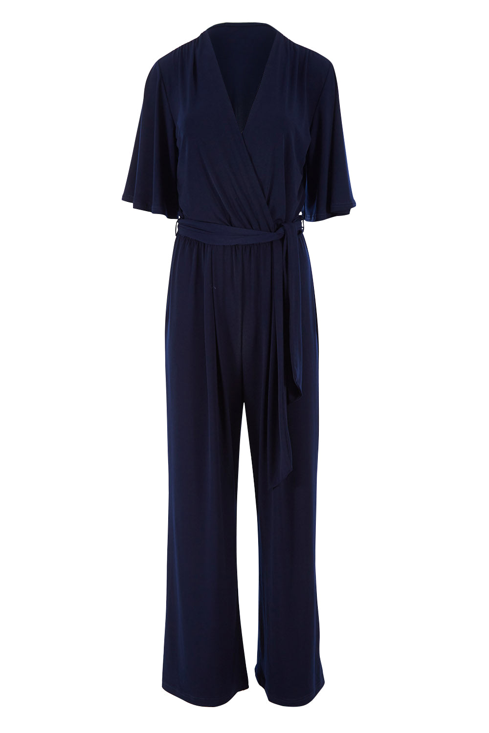 Product shot of The Bell Sleeve Jumpsuit in colour Navy (Blue), from the front