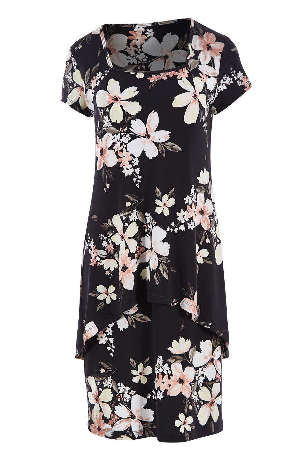 Product shot of The Printed Short Sleeve Rita Dress in colour Pinkfleur (Black), from the front