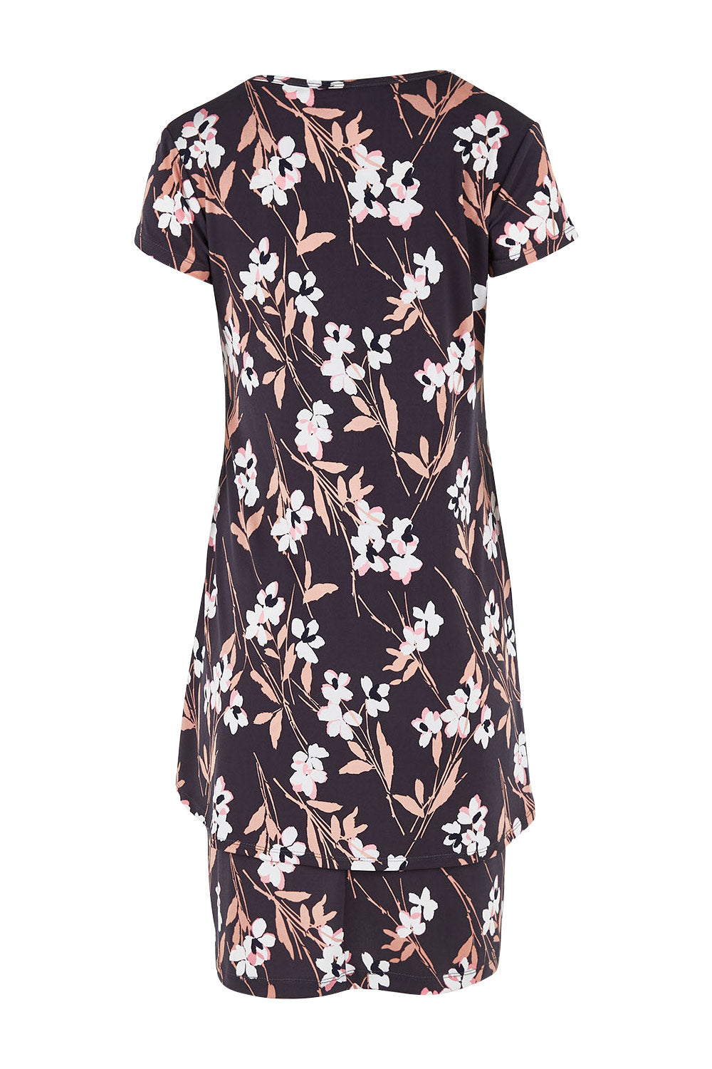 Product shot of The Printed Short Sleeve Rita Dress in colour Blooms (Grey), from the back