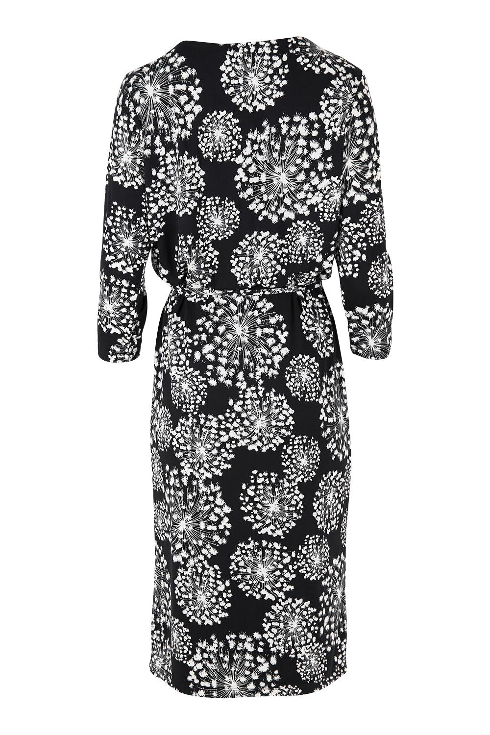Product shot of The Lined Jersey Dress in colour Blooms (Black), from the back