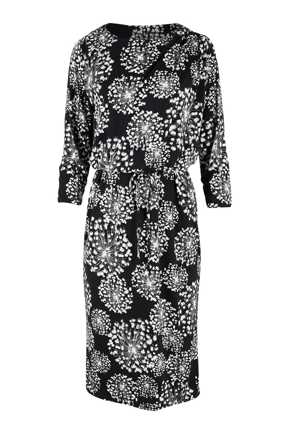 Product shot of The Lined Jersey Dress in colour Blooms (Black), from the front