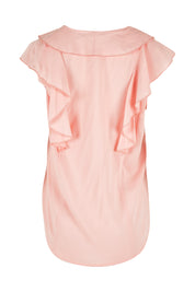 Product shot of The Flowy Ruffle Top in colour Pink (Pink), from the back