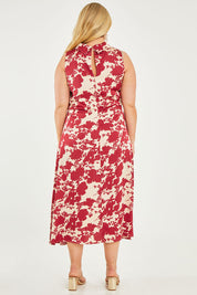 Model Katie wearing size 14 of The Printed Roll Neck Dress in colour Blossom (Red), from the back