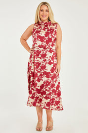 Model Katie wearing size 16 of The Printed Roll Neck Dress in colour Blossom (Red), from the front, showing the whole outfit