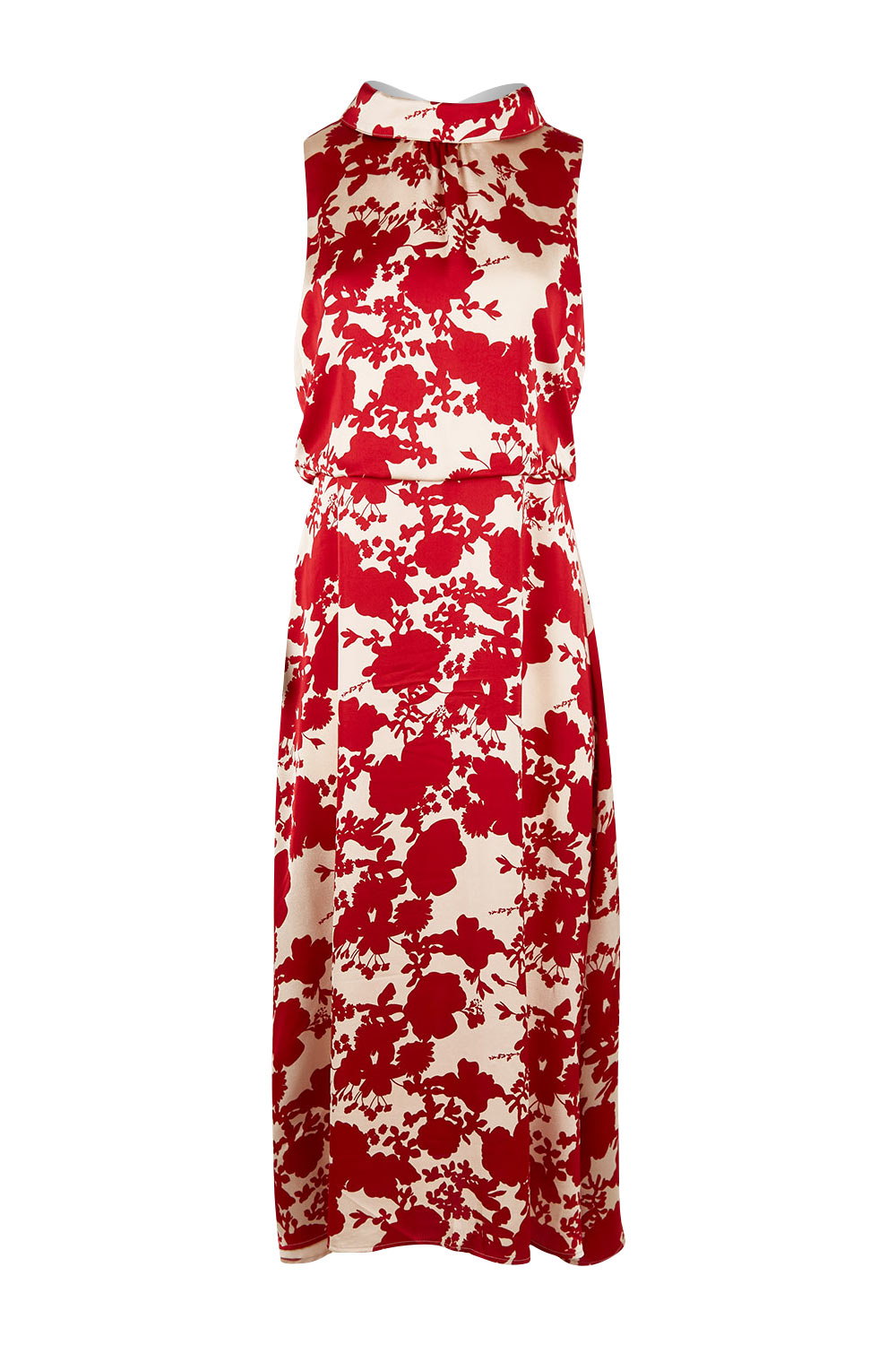 Product shot of The Printed Roll Neck Dress in colour Blossom (Red), from the front