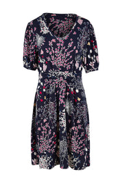 Product shot of The Ruched Waist Detail Dress in colour Garden (Blue), from the front