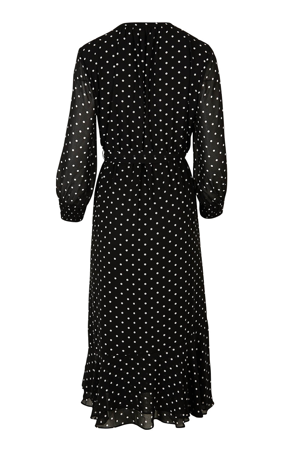 Product shot of The Printed Chiffon Puff Sleeve Dress in colour Polkadot (Black), from the back
