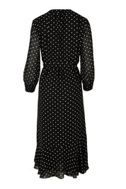 Product shot of The Printed Chiffon Puff Sleeve Dress in colour Polkadot (Black), from the back