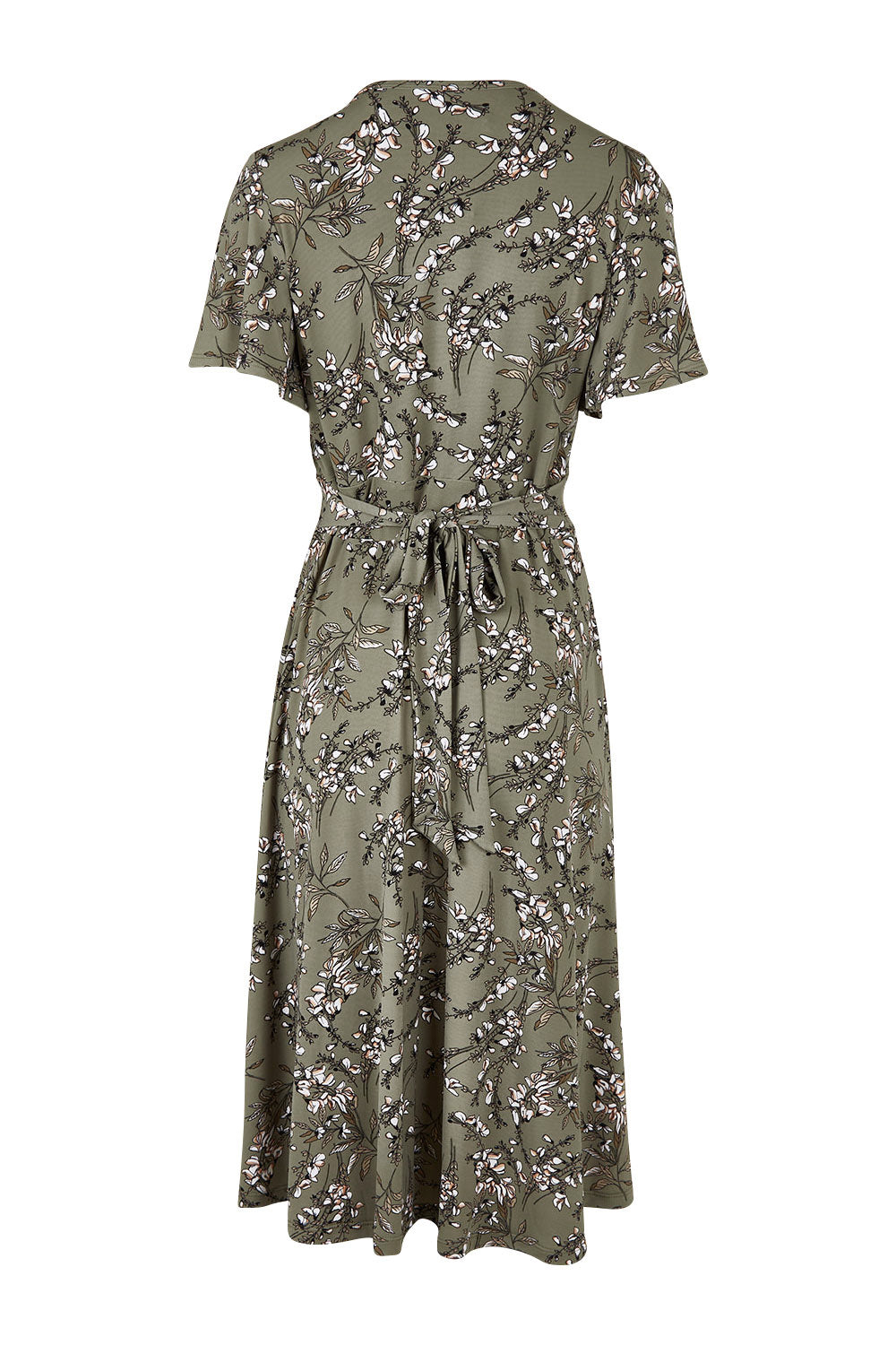 Product shot of the Preloved The Printed Jersey Faux Wrap Dress in colour Fleur (Green), from the back