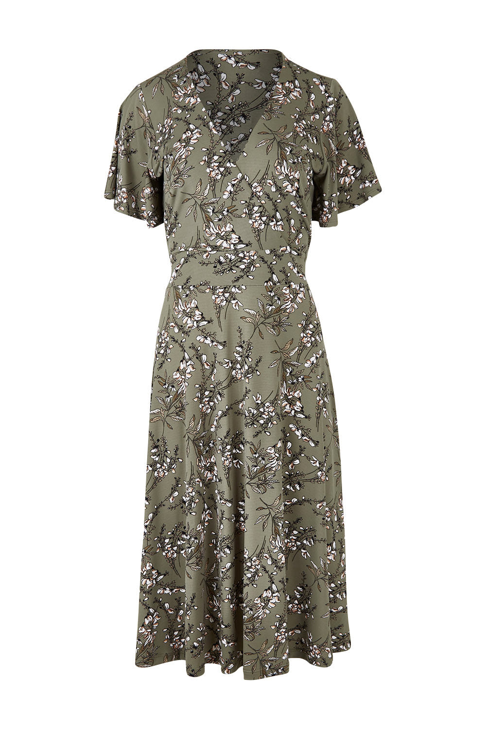 Product shot of the Preloved The Printed Jersey Faux Wrap Dress in colour Fleur (Green), from the front