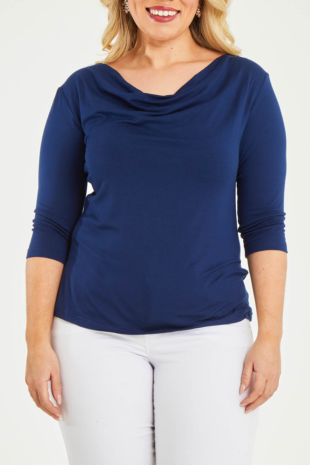 Model Katie wearing size 16 of The Reversible Cowl Neck Top in colour Deepnavy (Blue), from the front, cropped image