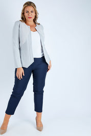 Model Fiona wearing size 16 of The Adore Jacket in colour Silver (Grey), from the front, showing the whole outfit