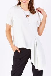 Model Rebecca wearing size 10 of The Side Panel Drape Top in colour OffWhite (White), from the front, cropped image