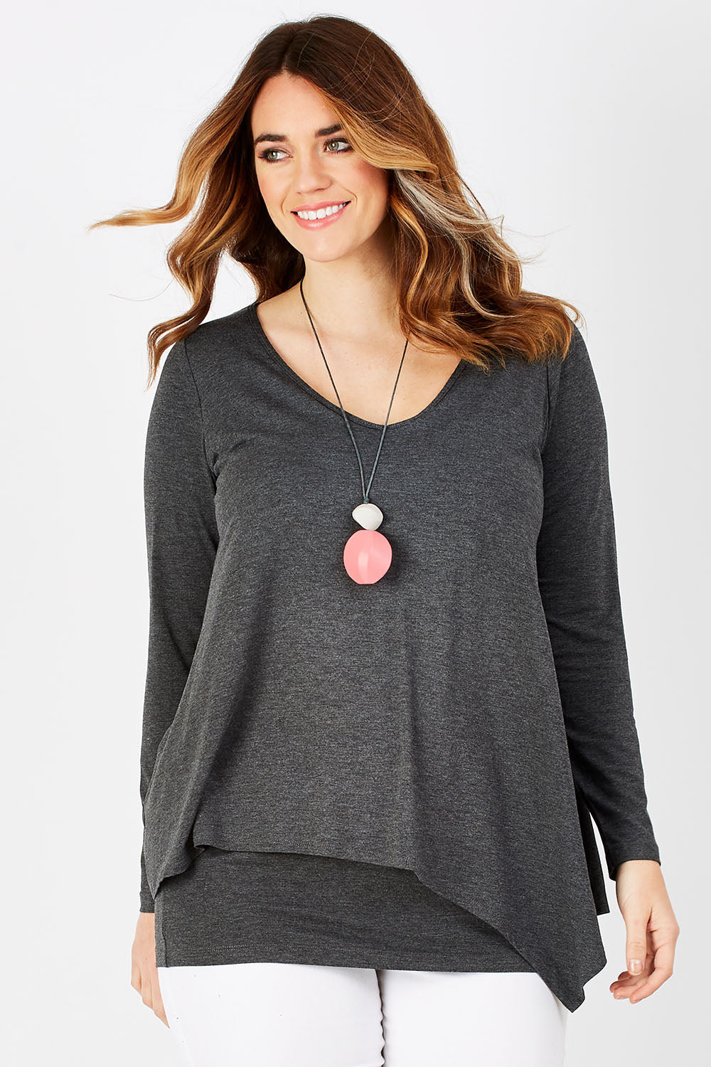 Model Laura wearing size 12 of the Belle V Neck Forgiver Tunic in colour Charcoal (Grey), from the front, cropped image