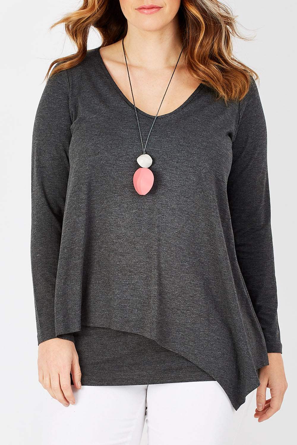 Model Laura wearing size 12 of the Belle V Neck Forgiver Tunic in colour Charcoal (Grey), from the front, cropped image