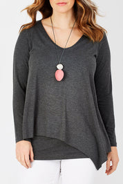 Model Laura wearing size 12 of the Belle V Neck Forgiver Tunic in colour Charcoal (Grey), from the front, cropped image