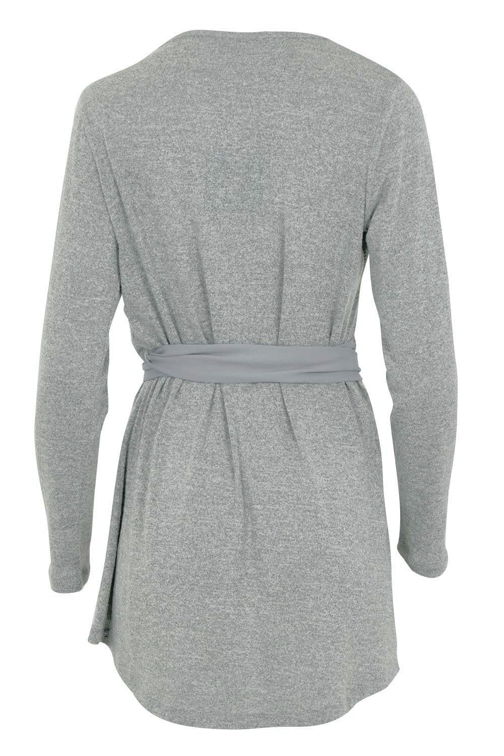 Product shot of the Belle Chiffon Trim Cardigan in colour Grey (Grey), from the back