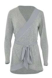 Product shot of the Belle Chiffon Trim Cardigan in colour Grey (Grey), from the front