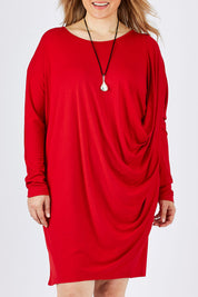 Model Ljubenka wearing size 18 of the Belle Jersey Drapey Dress in colour Red (Red), from the front, cropped image
