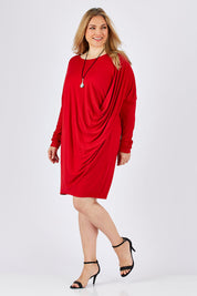 Model Ljubenka wearing size 18 of the Belle Jersey Drapey Dress in colour Red (Red), from the front, showing the whole outfit