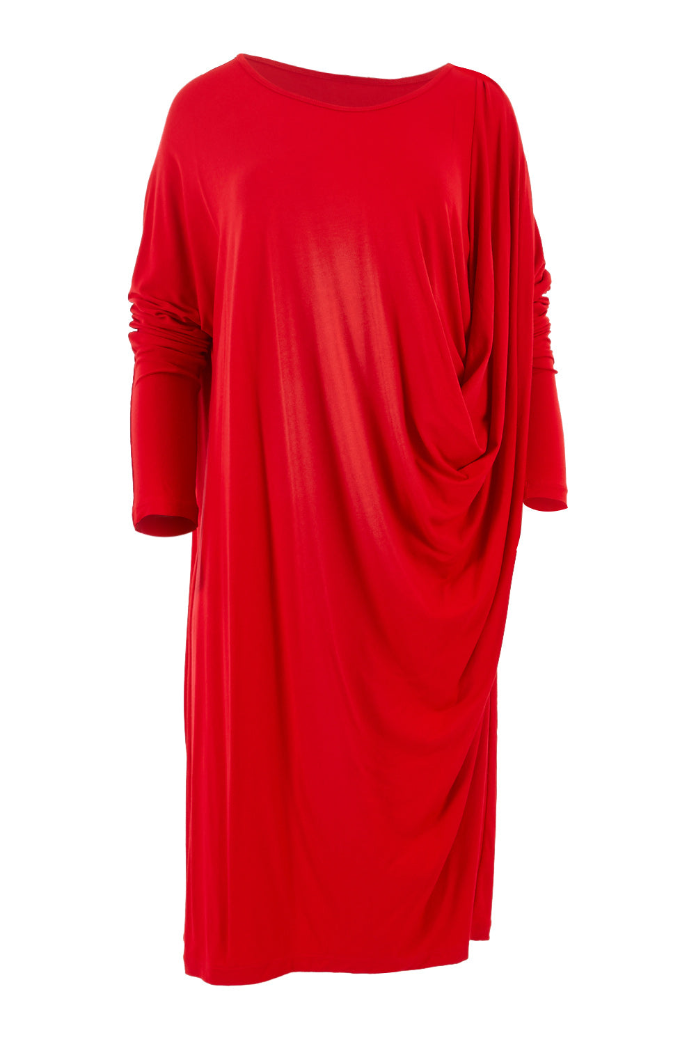 Product shot of the Belle Jersey Drapey Dress in colour Red (Red), from the front