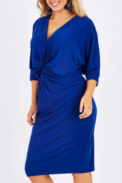 Model Jess wearing size 12 of the Belle Knot Front Cocktail Dress in colour Electric (Blue), from the front, cropped image