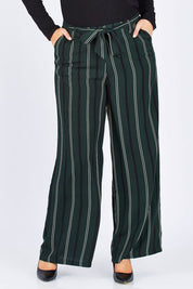 Model Jess wearing size 12 of the Belle Wide Stripe Pant in colour GreenStrip (Green), from the front, cropped image