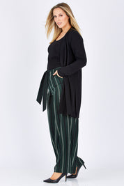 Model Jess wearing size 12 of the Belle Wide Stripe Pant in colour GreenStrip (Green), from the front, showing the whole outfit