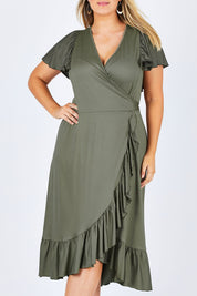 Model Jess wearing size 14 of the Belle Ruffle Trim Dress in colour Khaki (Green), from the front, cropped image