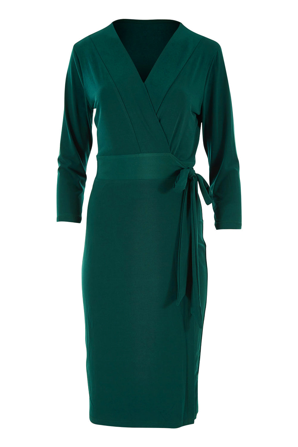 Product shot of the Belle Basic Wrap Dress in colour Pine (Green), from the front