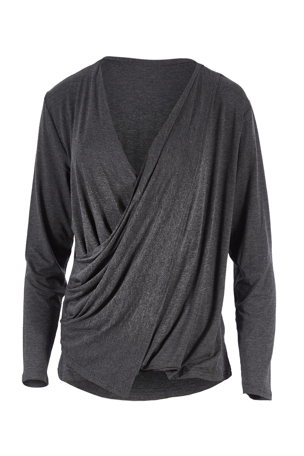 Product shot of the Belle Drape Top in colour Charcoal (Grey), from the front