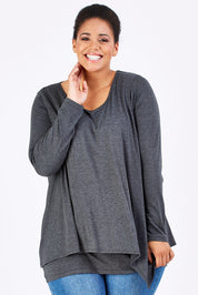 Model Shareefa wearing size 18 of the Belle Forgiver Tunic in colour Charcoal (Grey), from the front, cropped image