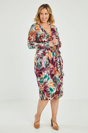 Model Jess wearing size 12 of the Belle Feather Print Wrap Dress in colour Feather (Green), from the front, showing the whole outfit