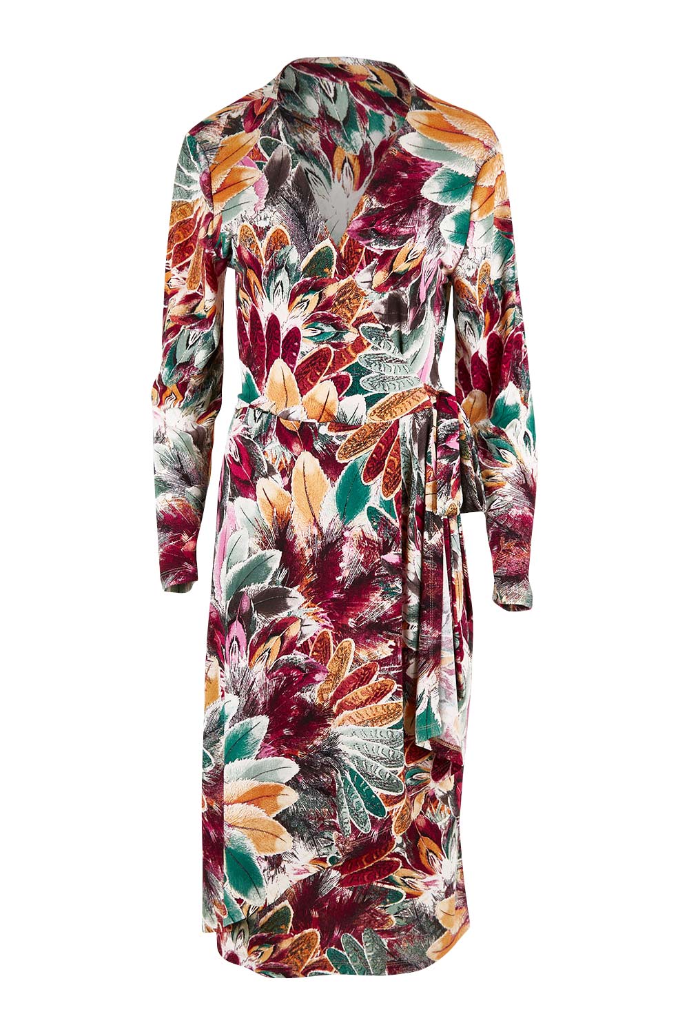 Product shot of the Belle Feather Print Wrap Dress in colour Feather (Green), from the front