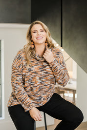 Model Fiona wearing size 16 of the Belle Stripe Chenille Sweater in colour Naturals, from the front, showing the whole outfit
