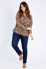 Model Laura wearing size 12 of the Belle Stripe Chenille Sweater in colour Naturals, from the front, showing the whole outfit