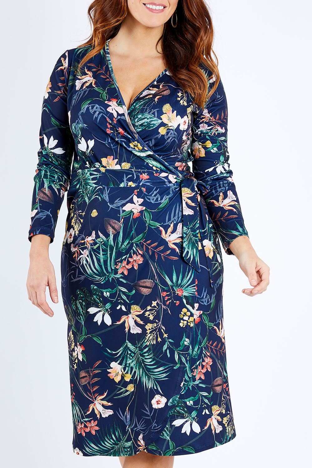 Model Laura wearing size 12 of the Belle Paradise Floral Dress in colour Paradise (Black), from the front, cropped image
