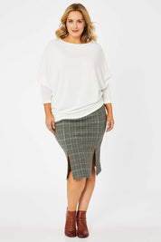 Model Jess wearing size 14 of the Belle Check Cotton Rich Pencil Skirt in colour Check (Green), from the front, showing the whole outfit