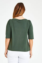 Model Laura wearing size 12 of the Belle Boat Neck Tee in colour Khaki (Green), from the back